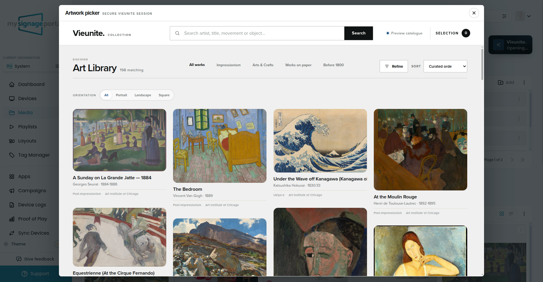 Hosted Vieunite Artwork picker open over MySignage Nexus Portal, showing artwork search, orientation filters and catalogue results