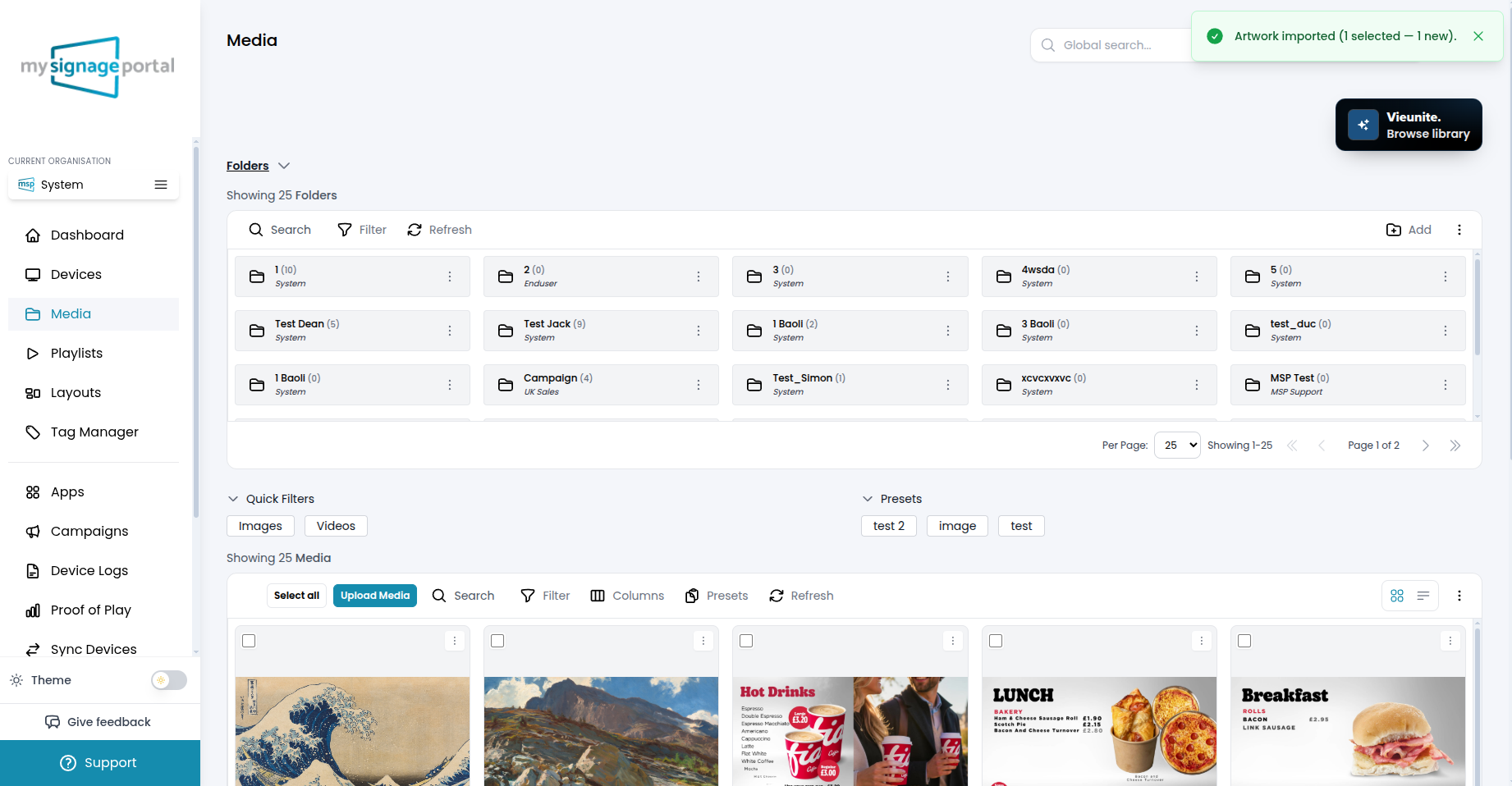 MySignage Nexus Portal Media page after import, showing a success message and the selected artwork in the existing media grid