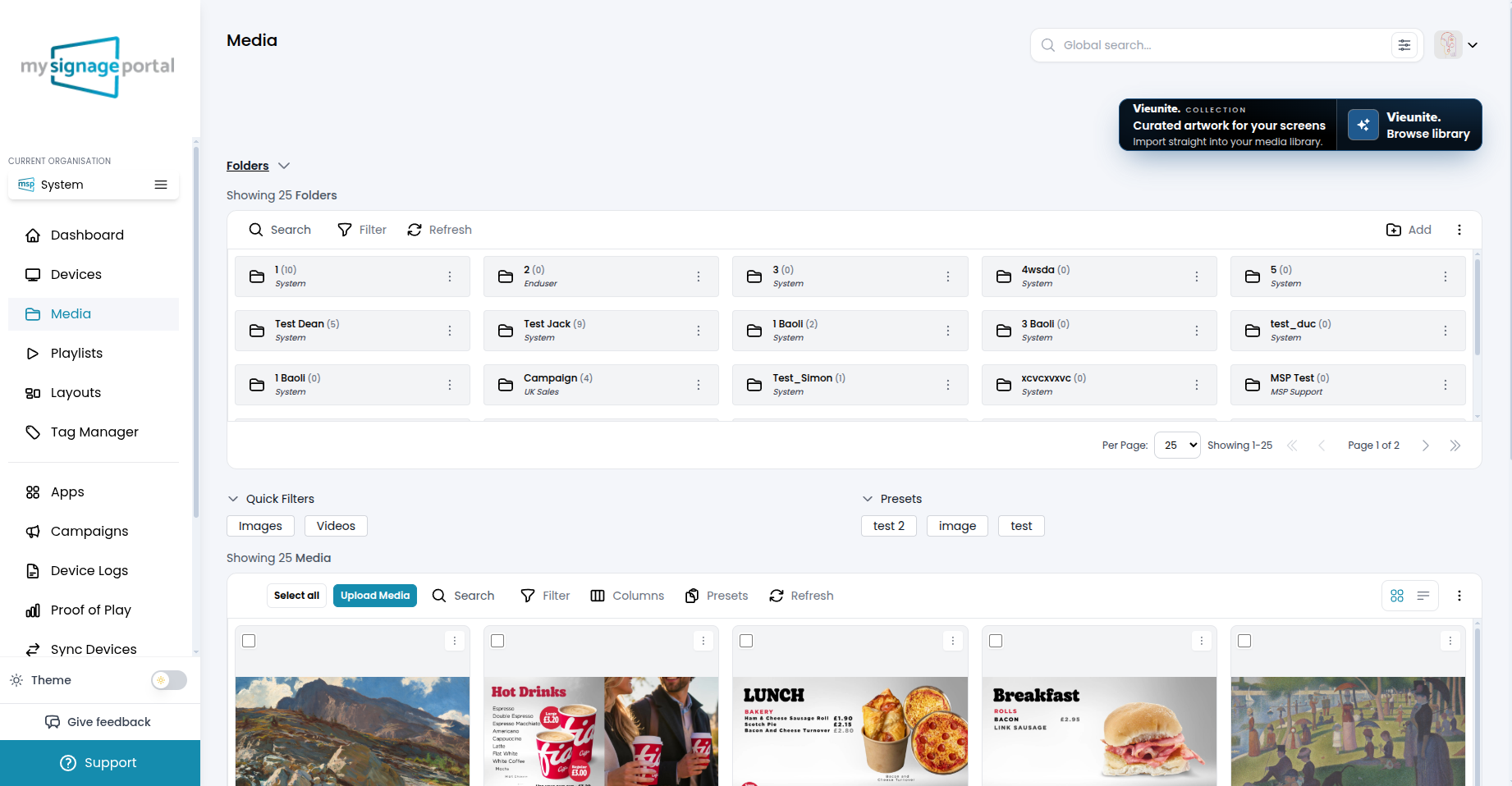 MySignage Nexus Portal Media page with the expanded Vieunite Collection Browse library action above folders and media